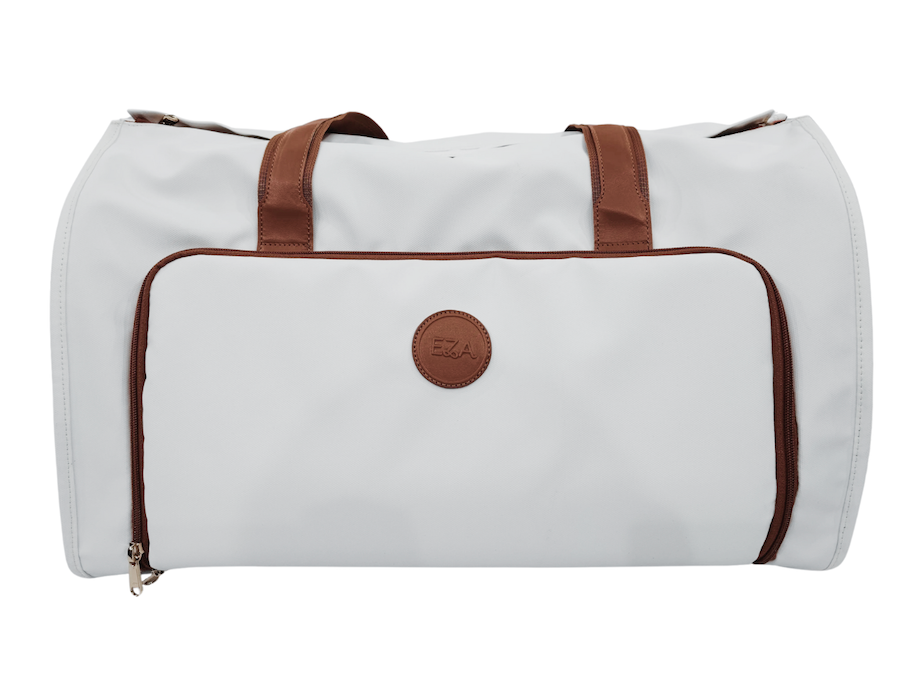 High-quality white convertible duffle bag with brown accents, versatile 3-in-1 travel backpack and crossbody options.